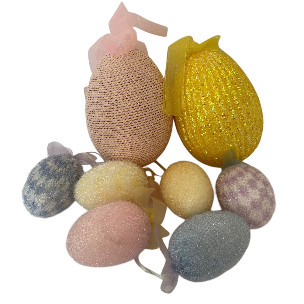 Easter Egg Hanging Ornaments 8pc Set Twine‎ Glitter Fuzzy Pastel Spring Decor